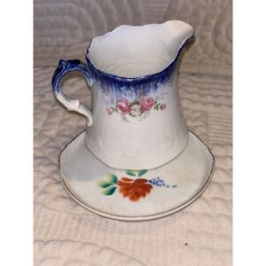 Vintage Flow Blue Style Floral Creamer and Saucer Set Pink Rose Made in Japan
